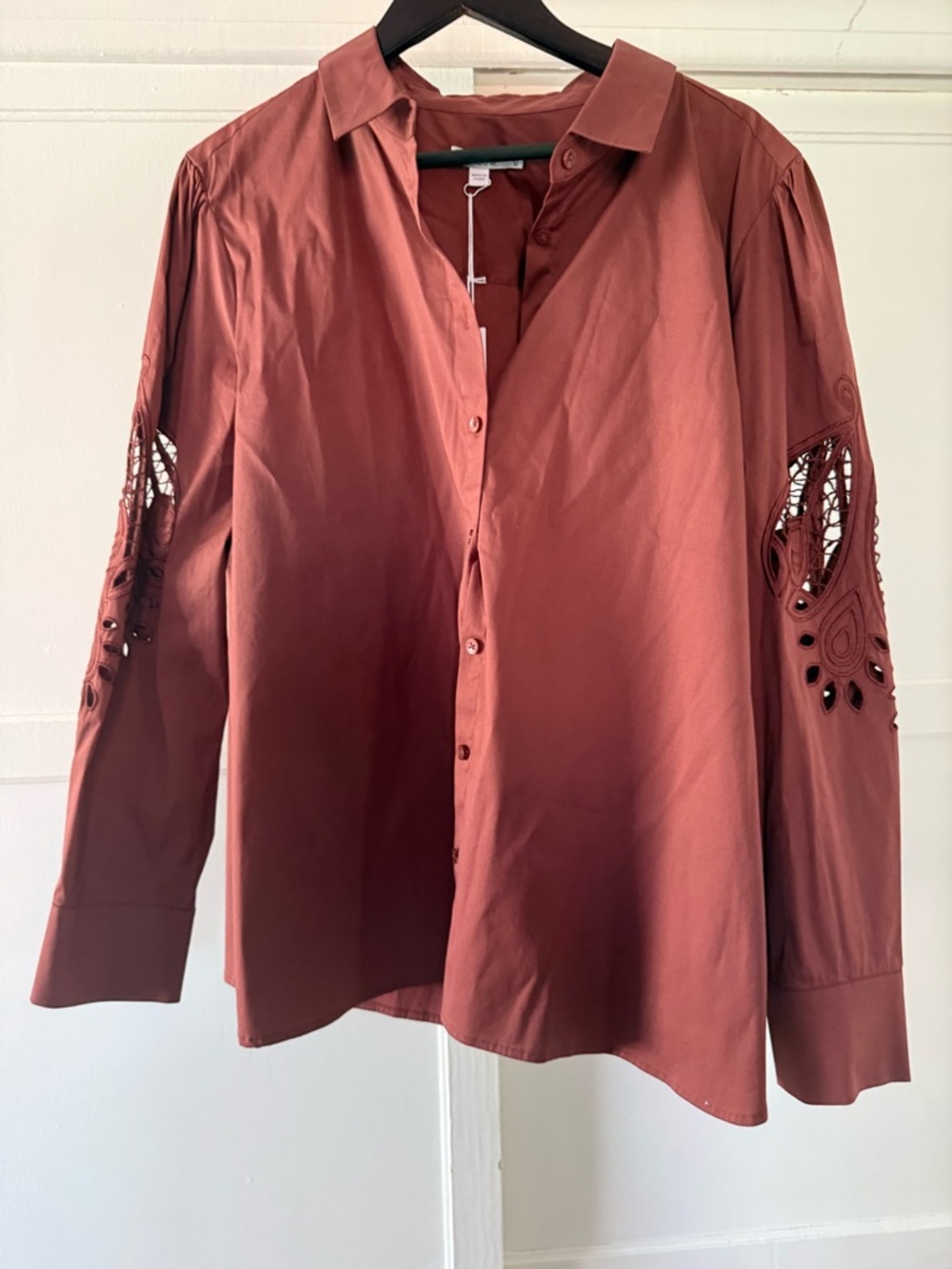 Chico's Terracotta Button-Front Blouse with Embroidered Sleeve Cutouts